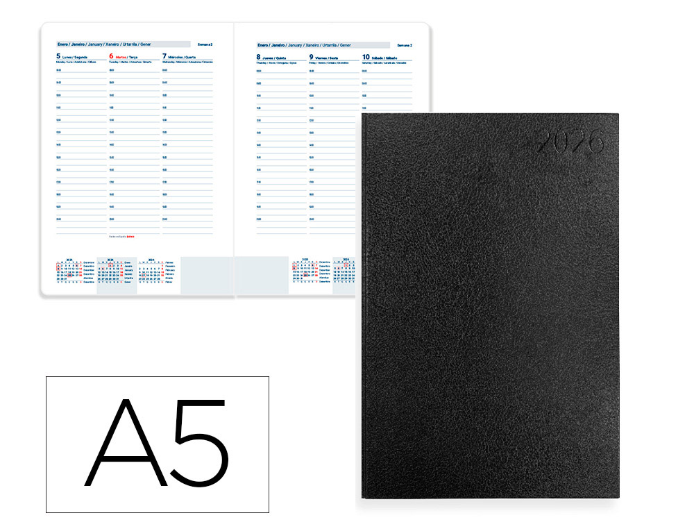 AGENDA ENCADERNADA LIDERPAPEL CORFU A5 2026 SEMANA VISTA PRETO PAPEL 60 GR FSC
