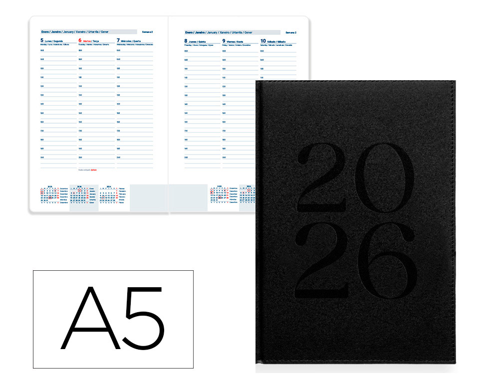 AGENDA ENCADERNADA LIDERPAPEL CRETA 15X21 2026 SEMANA VISTA PRETO PAPEL 70 GR FSC
