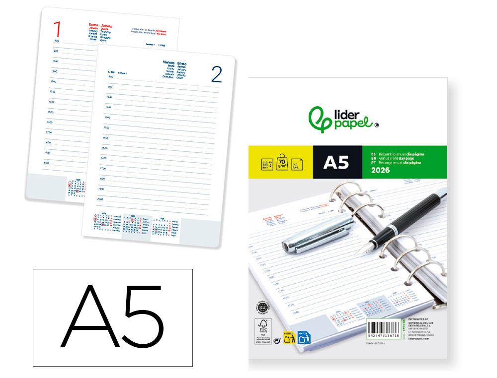 AGENDA ENCADERNADA LIDERPAPEL RECARGA A5 2026 DIA PAGINA PAPEL 70 GR FSC