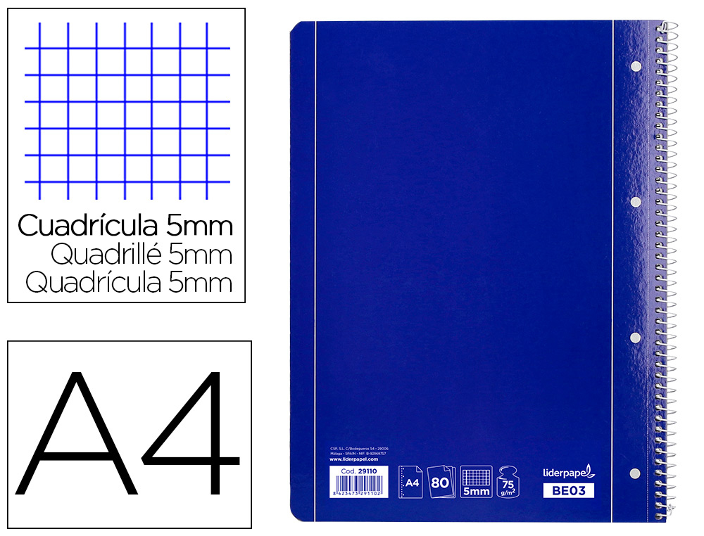 CADERNO ESPIRAL LIDERPAPEL CAPA AZUL MICRO 80 F DIN A4 QUADRICULADO
