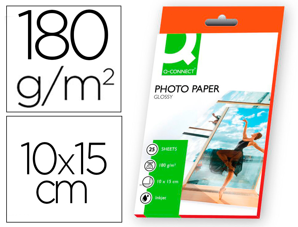 PAPEL FOTOGRAFIA Q-CONNECT GLOSSY -KF01905 -10X15 -DIGITAL PHOTO PARA TINTEIRO BOLSA DE 25 FOLHAS DE 180 GR