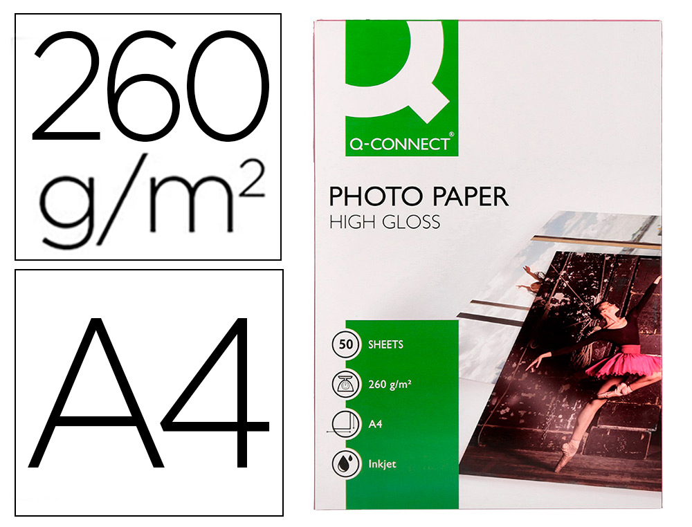 PAPEL FOTOGRAFIA Q-CONNECT GLOSSY TINTEIRO DIN A4 260 GR CAIXA DE 50 FOLHAS