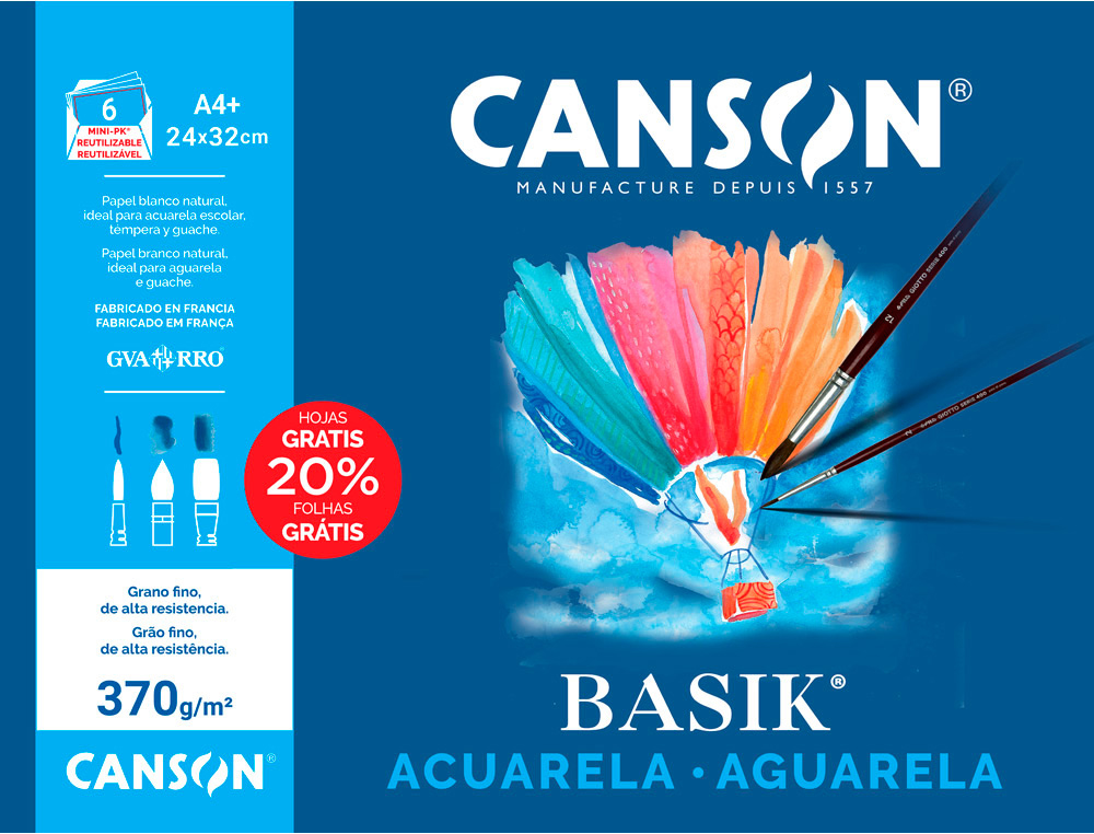 PAPEL AGUARELA BASIK CANSON DIN A4 370 GR EMBALAGEM DE 6 FOLHAS DE 24X32 CM
