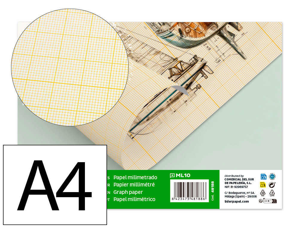 PAPEL MILIMETRICO LIDERPAPEL DIN A4 80 GR EMBALAGEM DE 10 FOLHAS