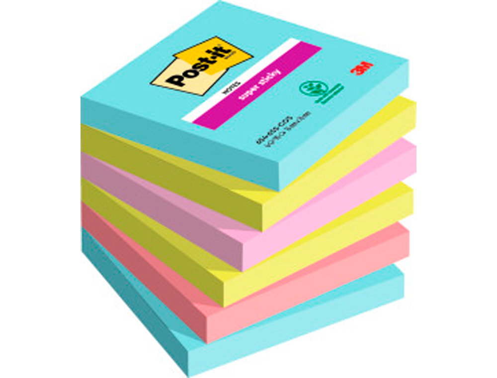 BLOCO DE NOTAS ADESIVAS POST-IT SUPER STICKY 76X76 MM COM 90 FOLHAS PACK DE 6 UNIDADES CORES MIAMI