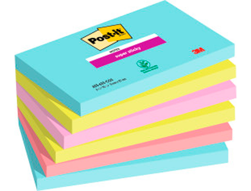 BLOCO DE NOTAS ADESIVAS POST-IT SUPER STICKY 76X127 MM COM 90 FOLHAS PACK DE 6 UNIDADES CORES MIAMI