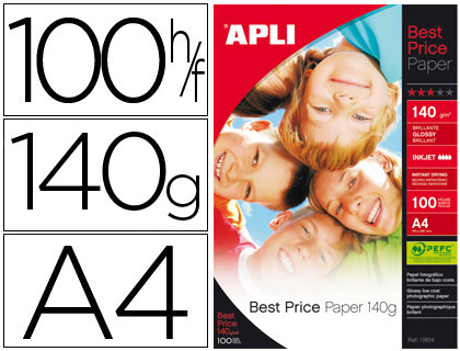 PAPEL FOTOGRAFICO APLI GLOSSY DIN A4 140 GR EMBALAGEM DE 100 FOLHAS
