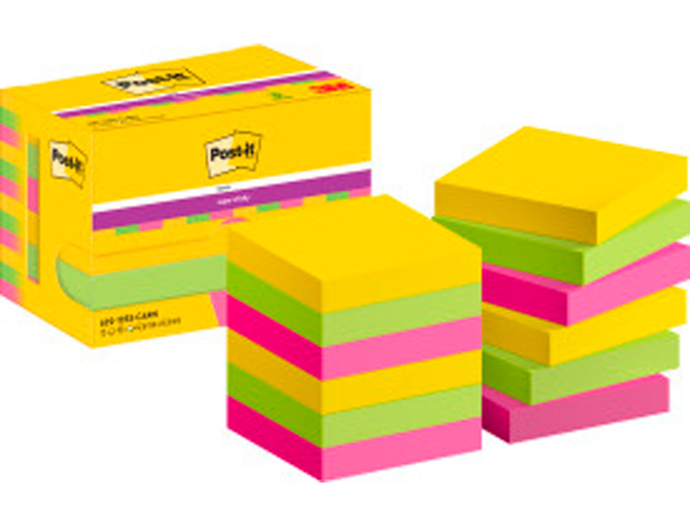 BLOCO DE NOTAS ADESIVAS POST-IT SUPER STICKY 47,6X47,6 MM COM 90 FOLHAS PACK DE 12 BLOCO CORES SORTIDAS