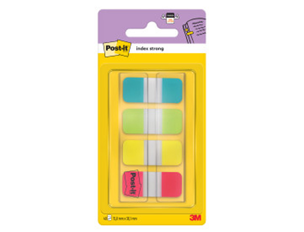 BANDAS SEPARADORAS POST-IT INDEX RIGIDAS DISPENSADOR 4 CORES AMARELO AZUL LIMA E VERMELHO MINI 4X10 MM PACK DE 40 UDS