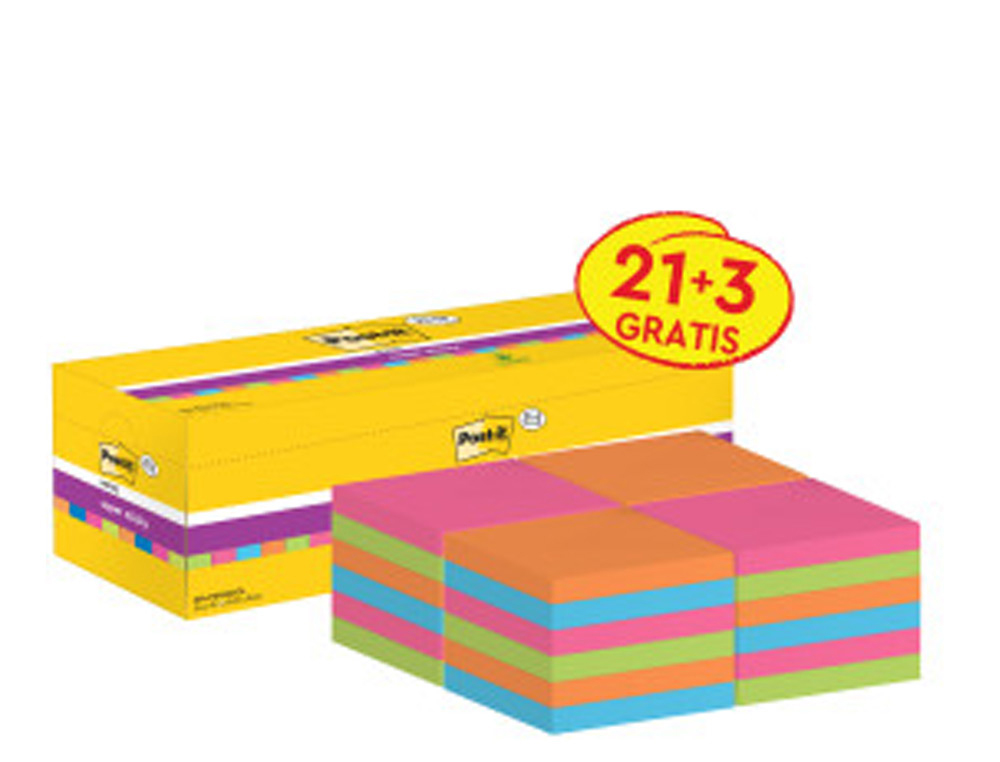 BLOCO DE NOTAS ADESIVA POST-IT SUPER STICKY 76X76 MM 90 FOLHAS CORES SORTIDAS PACK DE 21 + 3